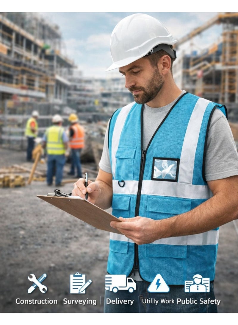 Remart High Visibility Safety Vest for Men & Women, Fluorescent Blue Reflective Vest with Zipper, Multi-Pocket Work Vest, 120 GSM Polyester, Construction & Road Safety - Image 2